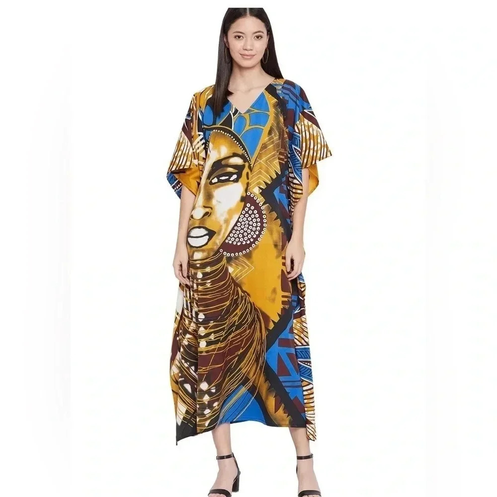 GYPSIE BLU | Tribal Print Multicolored Caftan Dress Kimono Sleeves One Size